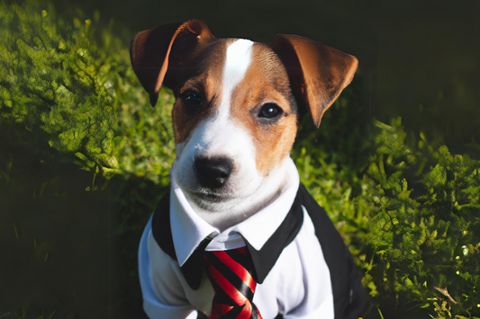 a jack russell terrier puppy looking at the camera seriously, wearing a polo and red and black tie